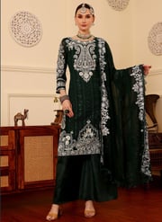 Green Faux Georgette Thread Work Bead Sequins Pakistani Suit Party Wear