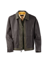 Leather Color Block Jacket - Dark Brown/olive