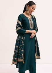 Dark Green Silk Kurta Set With Dupatta