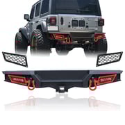 Jeep Rear Bumper Textured Black w/2x 18W LED Lights & Hook Receivers and 2X 4.75T D-Rings Compatible With 2018-2025 Wrangler JL & JLU 4xe