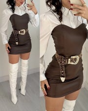 2 Pieces Outfit Turn-down Collar Long Sleeve Blouses and Casual Spaghetti Straps PU Leather Skirt