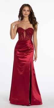 Satin Plunge Corset Column Dress with Ruching