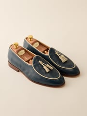 Navy Solid Oskar Leather Belgian Loafers | Men's Shoes | J.McLaughlin
