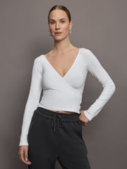 Long Sleeve Wrap Top in Ribbed Jersey - White