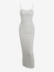 Women's Sexy Elegant Lace Spliced Mesh Ruched Side Spaghetti Strap Cami Slinky Maxi Dress