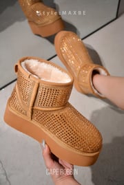 Maxbe Rhinestone Fur Suede Platform Booties - Camel