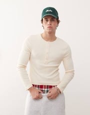 COLLUSION long sleeve ribbed henley slim fit t-shirt in stone