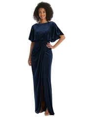 Flutter Sleeve Open-Back Velvet Maxi Dress with Draped Wrap Skirt