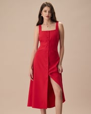The Red Square Neck Pocket Midi Dress