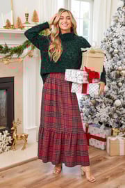 Burgundy Plaid Ruffled Maxi Skirt