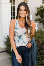 Admirable Confidence Floral Tank Top- Ivory & Blue