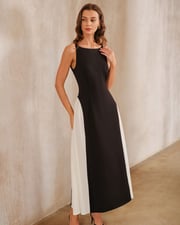 Black Contrasting Boat Neck A-Line Maxi Dress
