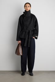 BRUSHED WOOL HAND MADE FUNNEL NECK COAT WITH BELT