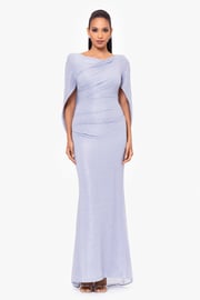 "Elaine" Long Metallic Crinkle Cowl Neck Back Dress