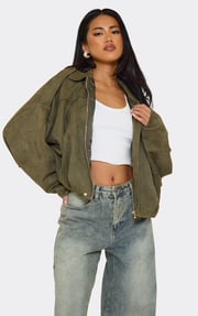 Long Sleeved Zip Front Collared Detail Bomber Jacket In Khaki Green