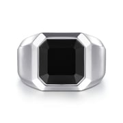 Wide 925 Sterling Silver Signet Ring with Faceted Onyx Stone in High Polish Finish