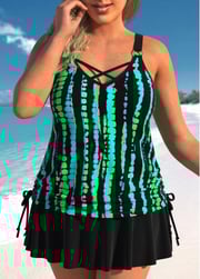 Plus Size Drawstring Cyan Multi Stripe Print Tankini Set