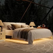 LumiFlex - Modern King Size Floating Bed Frame with LED Lights and Replaceable Headboard, Beige Upholstered Bed Frame with Wooden Slat Support, No Box Spring Needed, Easy Assembly