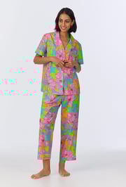 BedHead x Trina Turk Linear Floral Short Sleeve Classic Cropped Woven Cotton Poplin PJ Set