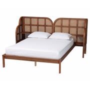 Cascadia Mid-Century Modern Wingback Platform Bed with Shelves and Elegant Rattan Accents