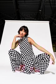 Gigi Sleeveless Ribbed Playsuit in Black + White Check *RESTOCKED*