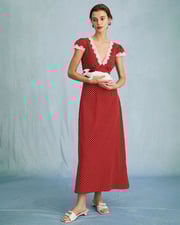 The Red V Neck Polka Dot Lace Ruched Maxi Dress