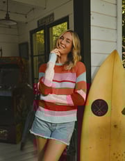 Sundry Mesh Stripe Pullover Sweater in Blaze Orange