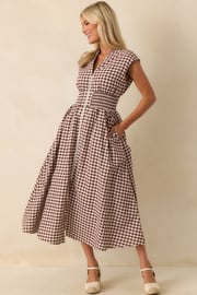 The Evette Brown Gingham Cotton Zip Front Midi Dress