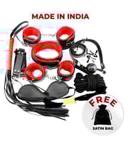 Kamuk Life Black Red Leather BDSM Bondage sex toy Kit for Adult party fun, honeymoon couples, SM Domination, sexy fun Adult gifting includes Handcuffs nipple clamps flogger blindfold mouth gag hogtie ankle cuff neck collar and feather tickler total-11 pcs