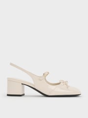 Chalk Patent Bow Crystal-Pearl Slingback Mary Jane Pumps | CHARLES & KEITH