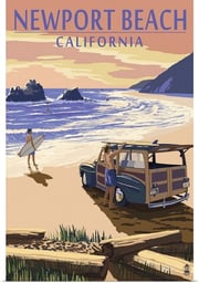 Newport Beach, California - Woody on Beach: Retro Travel Poster Poster Print