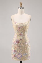 Sparkly Apricot Floral Embroidered Bodycon Homecoming Dress