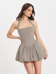 Dacia Plaid Halter Lace-up Bubble Mini Dress