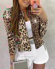 Allover Sequin Leopard Print Puff Sleeve Open Front Slim Fit Jacket Casual Crop Coat