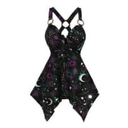 Galaxy Sun Star Moon O Ring Lace Up Handkerchief Hem Summer Tank Top