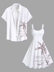 Coconut Tree Seascape Print Plus Size Matching Hawaii Beach Outfit For Couples