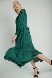 The Garvara Swiss Dot Button-Up Maxi Dress in Evergreen