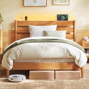 Mid-Century Modern Bed Frame with LED Headboard & Charging Station