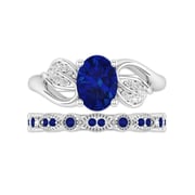 Nature Leaf White Gold Polish Plating 925 Sterling Silver Bridal Set Oval Blue Prong Flair Shank