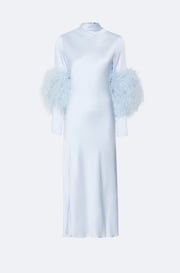 Satin Draped Neck Bias Dress With Feathers