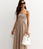 Brown Gingham Check Bandeau Midi Dress