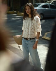 Embroidered Shirred Puff-Sleeve Top
