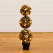 3' UV Resistant Autumn Triple Ball Boxwood Artificial Fall Topiary Tree with 30 Warm White LED Lights (Indoor/Outdoor)