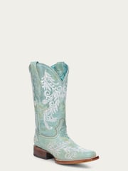 A4785 - WOMEN'S GLOW IN THE DARK WHITE FEATHERED FLORAL EMBROIDERY TURQUOISE SQUARE TOE COWBOY BOOT