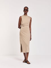 Lana Draped Midi Dress in Taupe