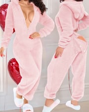 3D Ear Buttoned Flap Functional Fluffy Lounge Jumpsuit