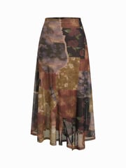 Mesh Mid Rise Abstract Graphic Floral Asymmetrical Hem Maxi Skirt