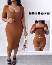 ChicMe ShapeSculpt Short Sleeve Bodycon Mid-Length Dress Built-in Shapewear Square Neck Slim Fit Dress