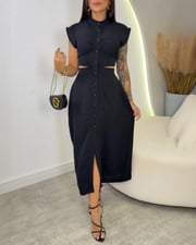Solid Color Cutout Button Down Elastic Waist Back Versatile Casual Dress Vocation Maxi Dress
