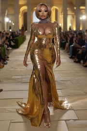 Sequin Long Sleeve V Neck High Slit Party Maxi Dresses-Gold [Pre Order]